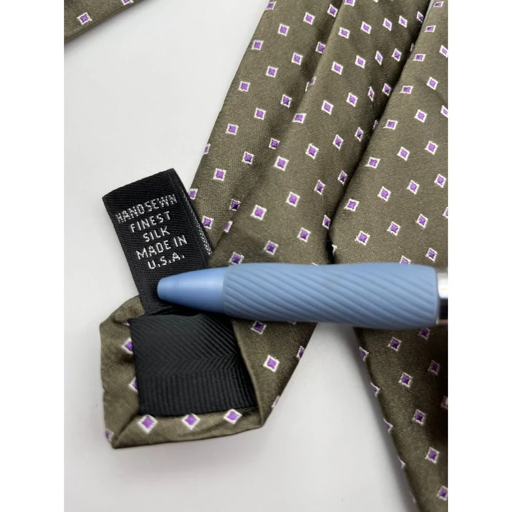 Robert Talbott Carmel Silk Tie Olive Green Purple Geometric Hand Sewn USA Made